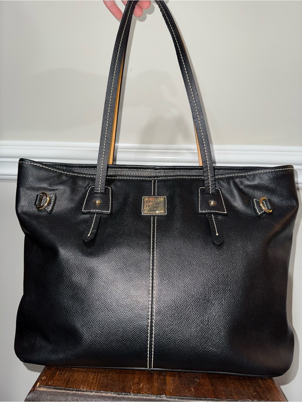 Dooney & Bourke Black Leather Tote with Gold Accents